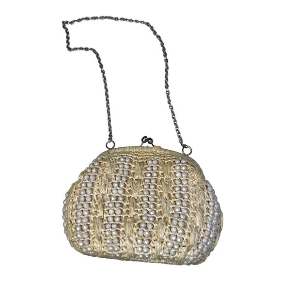 Vintage Italian Beaded Raffia Clutch Bag Cream Straw Purse - Picture 5 of 7